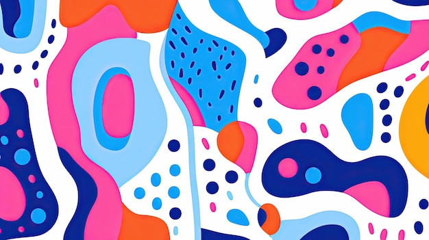 A colorful illustration of a blue and pink abstract background with circles and dots.