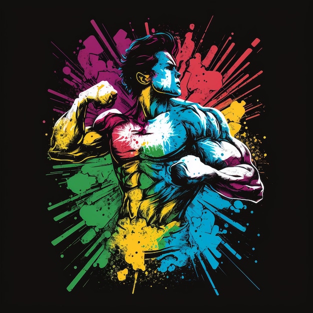 A colorful illustration of a bodybuilder with a big biceps on it.