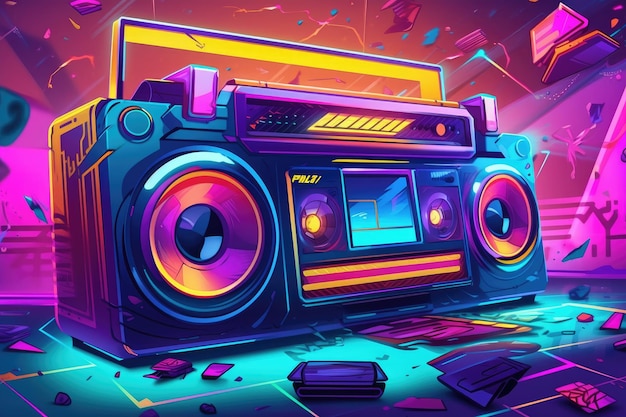 A colorful illustration of a boombox with the word music on it