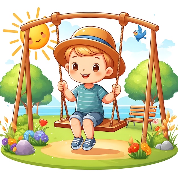 Colorful illustration of a boy swinging on a swing in summer