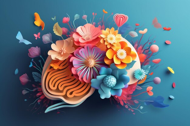 A colorful illustration of a brain with flowers on it.