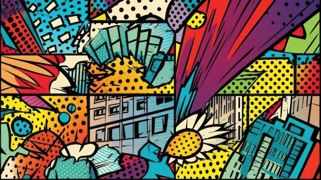 A colorful illustration of a building and a flower.