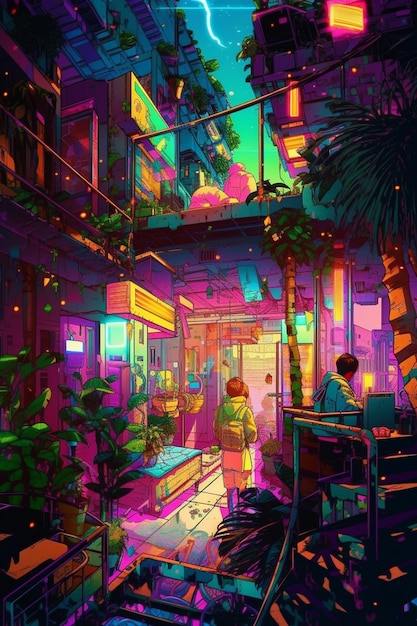 A colorful illustration of a building with a sign that says'cyberpunk'on it