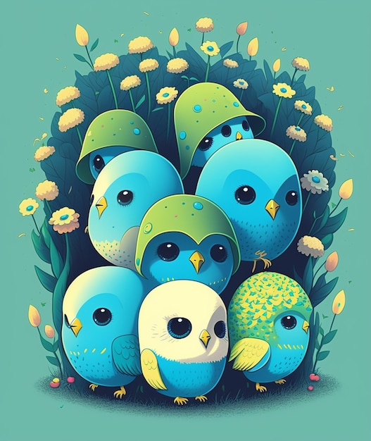 A colorful illustration of a bunch of birds with blue and white feathers.