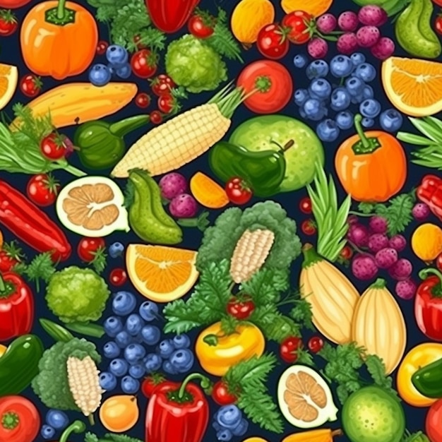 A colorful illustration of a bunch of fruits and vegetables.