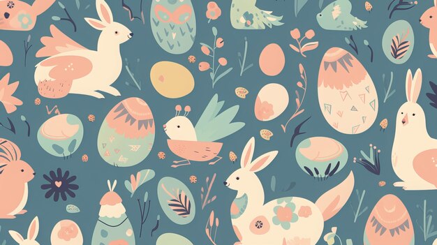 A colorful illustration of a bunny and eggs.