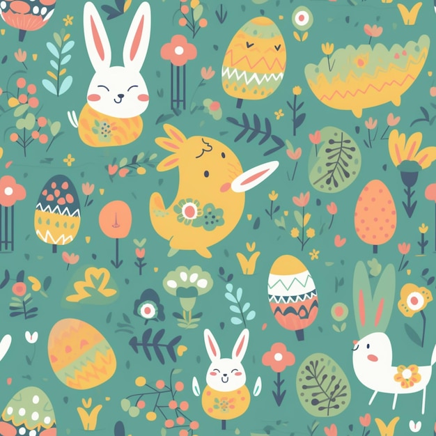 A colorful illustration of a bunny and eggs.