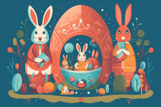A colorful illustration of a bunny with a basket full of eggs.