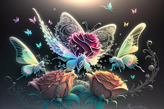 A colorful illustration of a butterfly and butterflies.