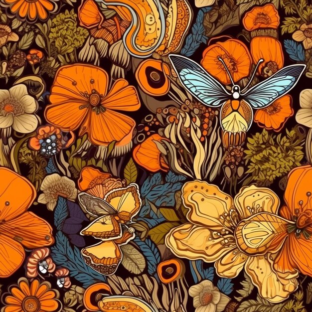 A colorful illustration of a butterfly and flowers.