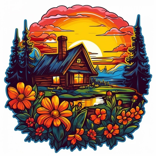 a colorful illustration of a cabin with flowers and trees generativ ai