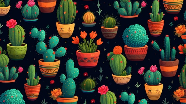 A colorful illustration of a cactus plant with a black background.