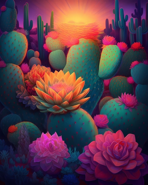 A colorful illustration of cactuses and a city in the background.