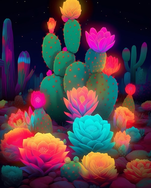 A colorful illustration of cactuses in the desert.