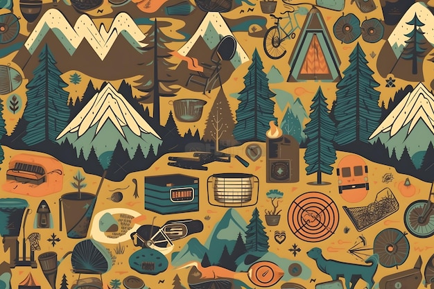 A colorful illustration of a camp site with a mountain and trees.