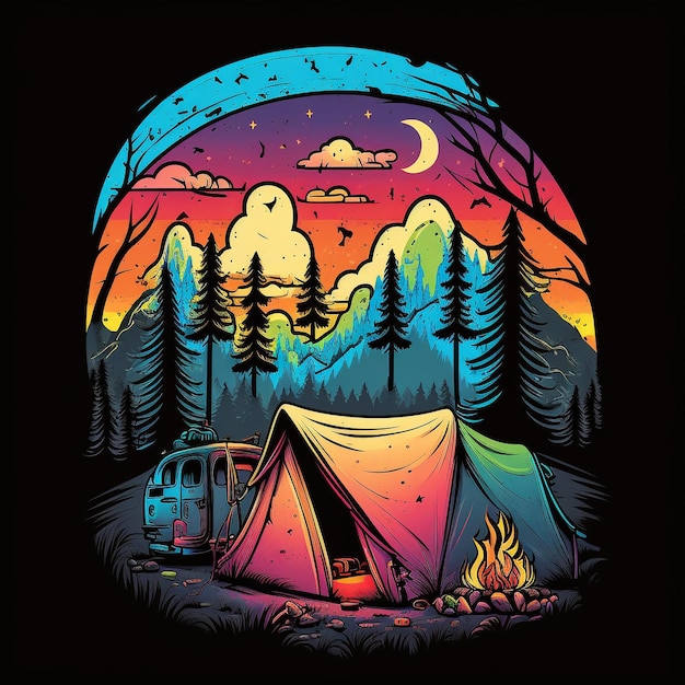 A colorful illustration of a camper with a campfire and the moon in the background.