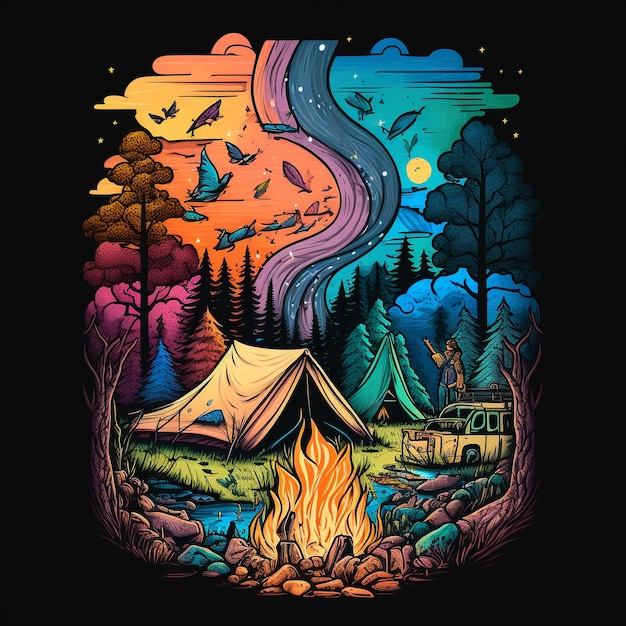 A colorful illustration of a campfire with a tent and a moon on the bottom.