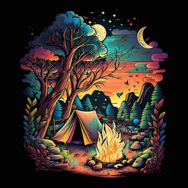 A colorful illustration of a campfire in the woods with the moon in the background.