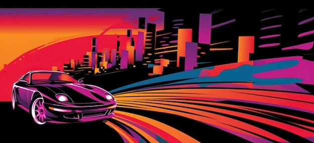 A colorful illustration of a car driving on a city street.