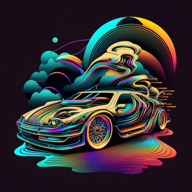 A colorful illustration of a car with the word porsche on the front.