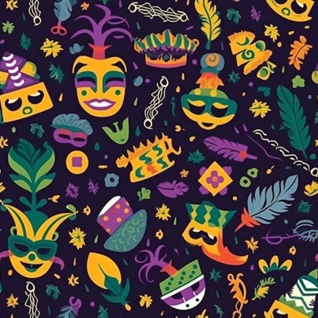 A colorful illustration of a carnival background with a variety of masks.