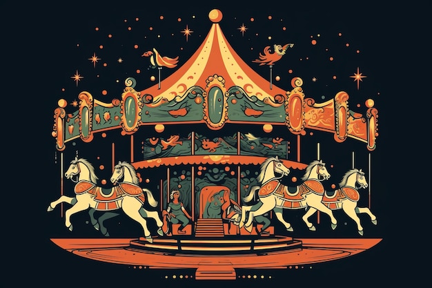 A colorful illustration of a carousel with horses and birds on it.