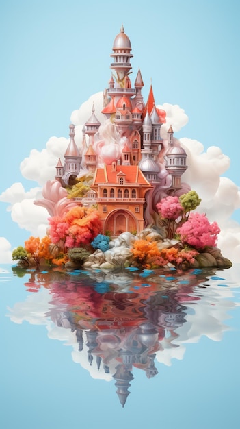 Colorful illustration of a castle floating on water