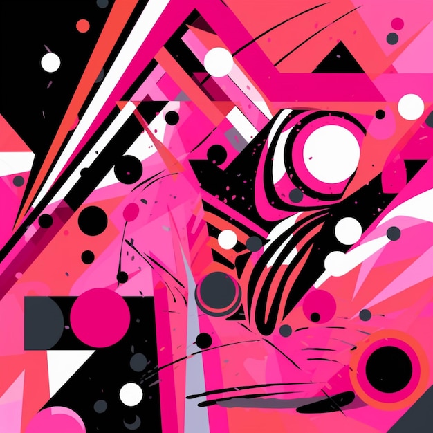 A colorful illustration of a cat and a black and pink background.