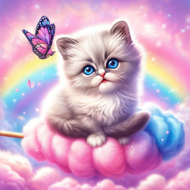 Colorful illustration of cat on the cloud