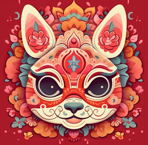 A colorful illustration of a cat mask with flowers.