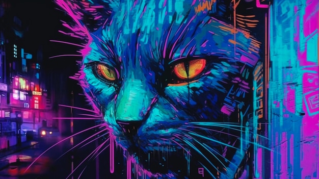 A colorful illustration of a cat with the word