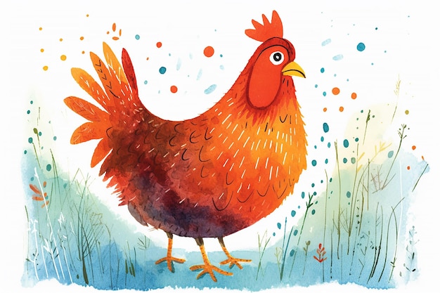 A colorful illustration of a chicken with a red tail and a yellow tail.