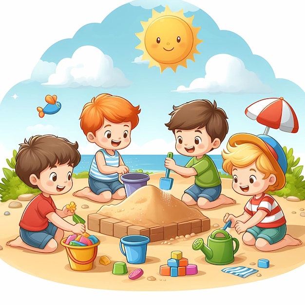 해변 의 모래 상자 에서 놀고 있는 어린이 들 의 다채로운 그림