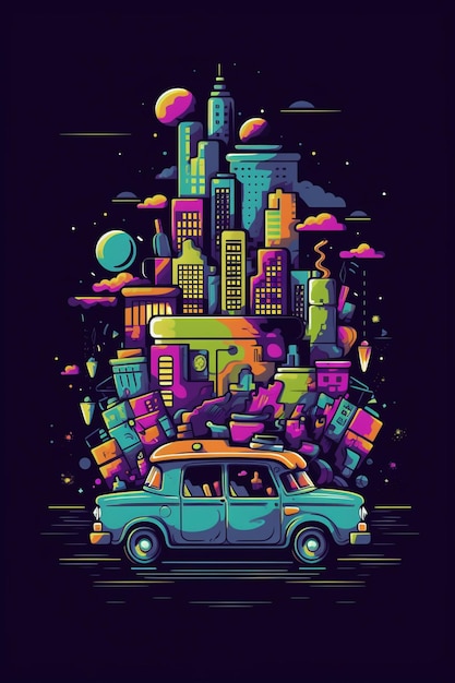 A colorful illustration of a city with a car in front of it