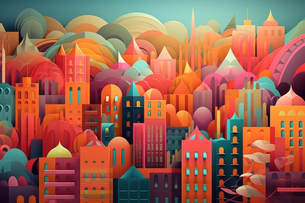 A colorful illustration of a city with a cityscape in the background.