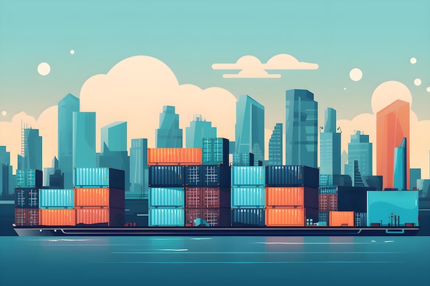 A colorful illustration of a city with a container on the front.