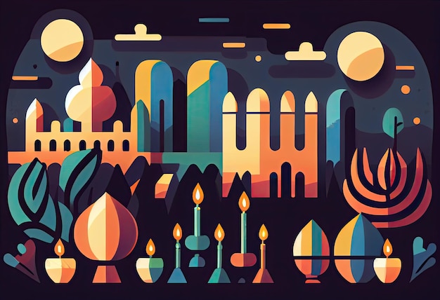 Photo a colorful illustration of a city with a large moon behind it.