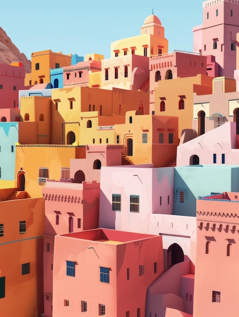 a colorful illustration of a city with a lot of buildings