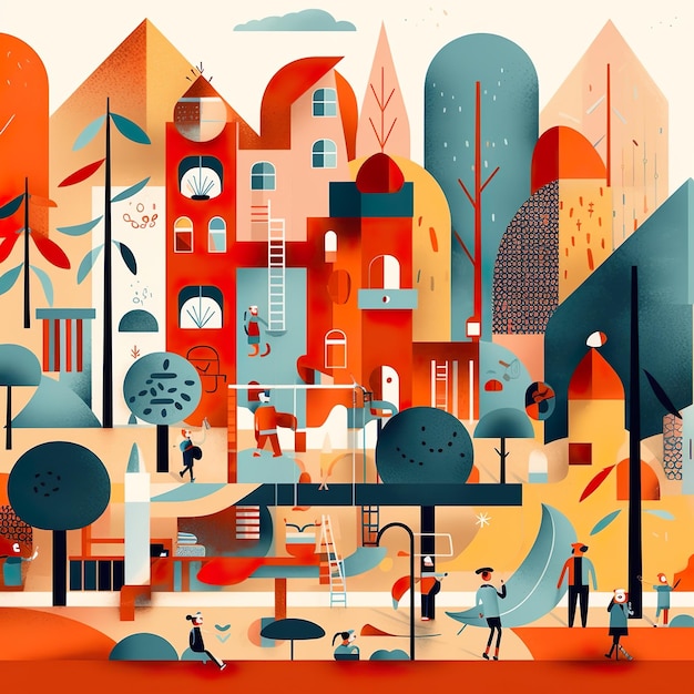 A colorful illustration of a city with people in it