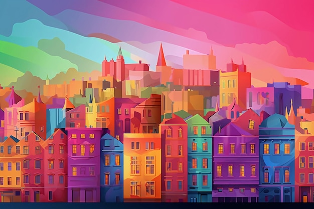 A colorful illustration of a city with a rainbow.