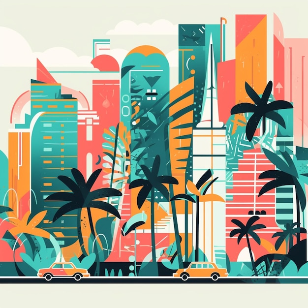 A colorful illustration of a city with a skyscraper and palm trees.