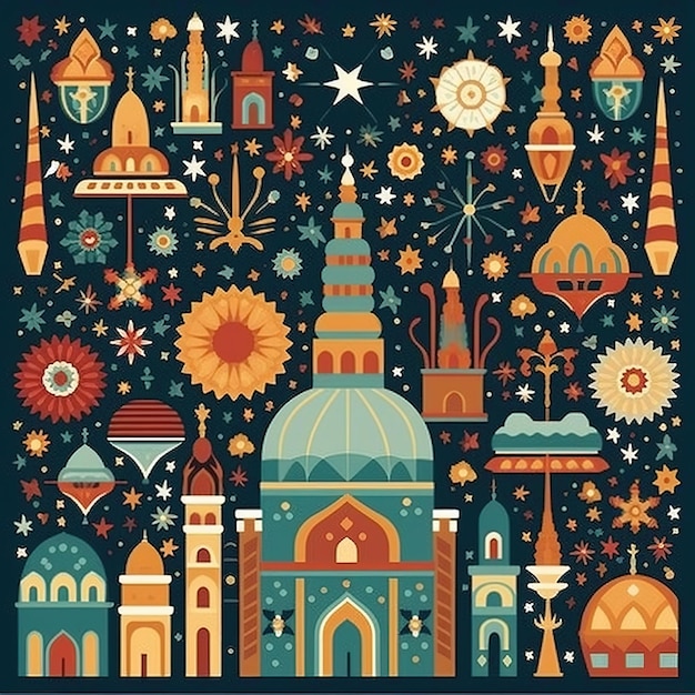 A colorful illustration of a city with a star on the top