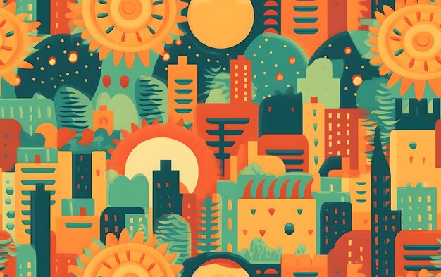 A colorful illustration of a city with a sun and trees.