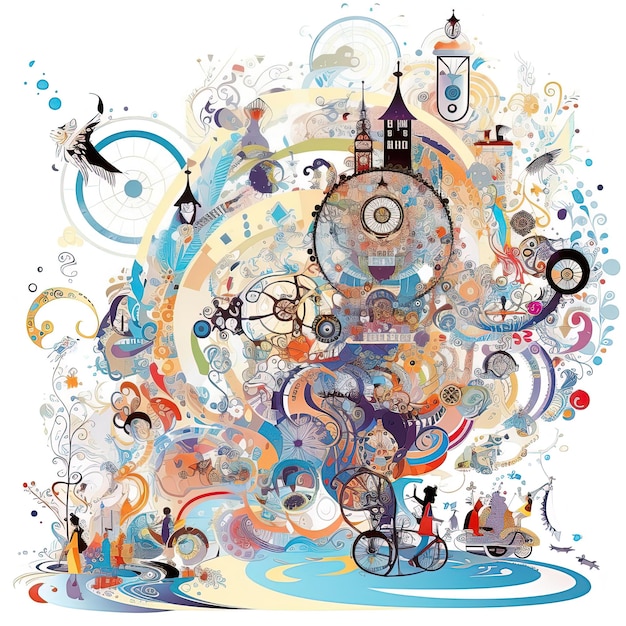 A colorful illustration of a clock and a person on a bicycle.
