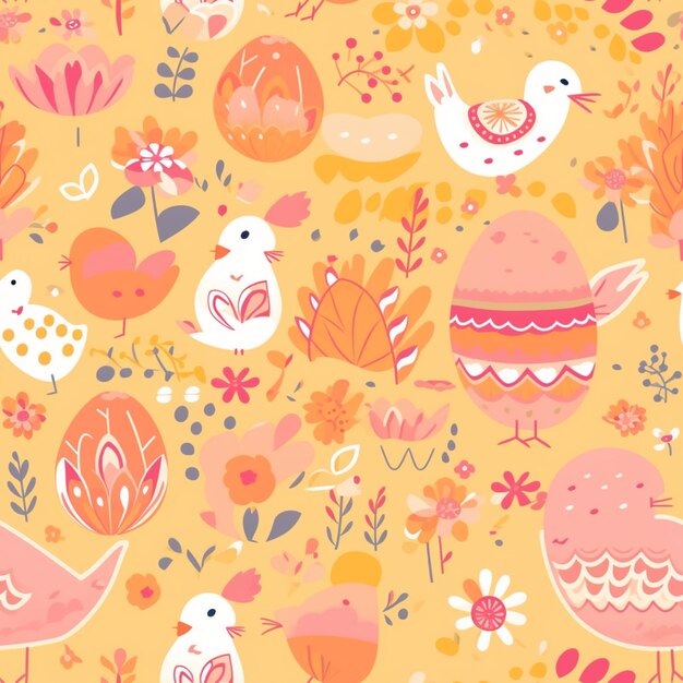 A colorful illustration of a colorful easter background with a chicken, eggs, and flowers