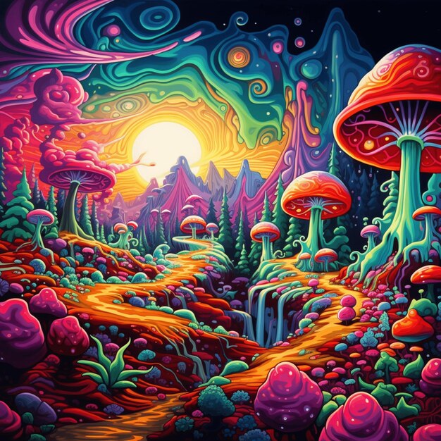A colorful illustration of a colorful forest with mushrooms and colorful trees.