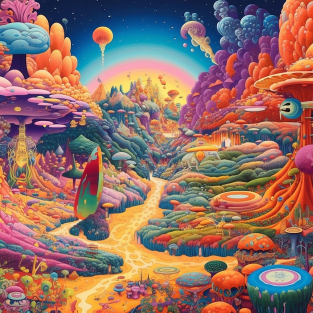 A colorful illustration of a colorful landscape with a planet in the middle.