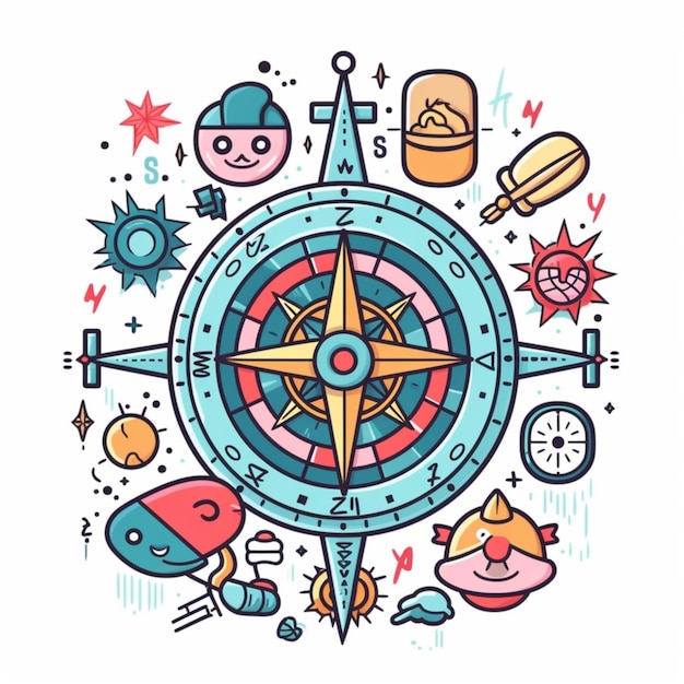 a colorful illustration of a compass with various items surrounding it generative ai