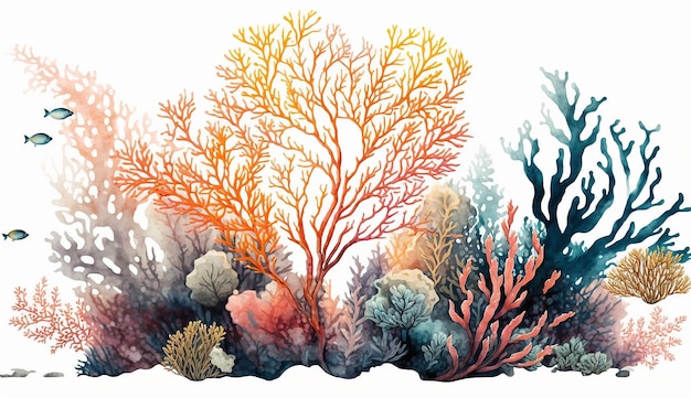 A colorful illustration of corals and seaweeds.