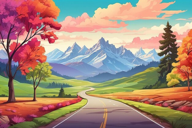 A colorful illustration of a country road with trees and mountains in the background